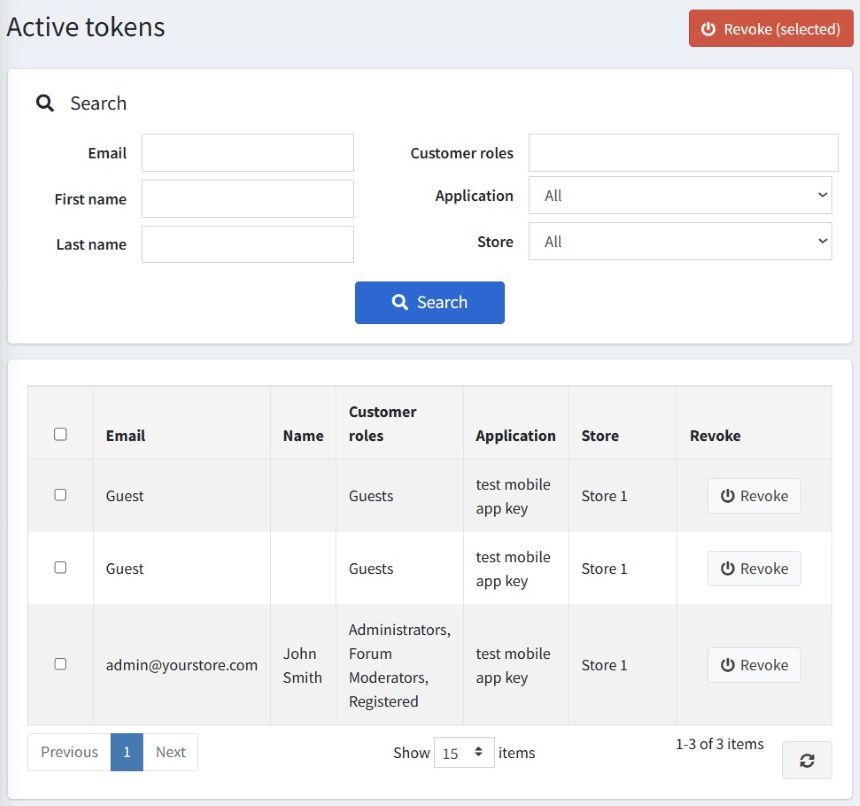active tokens page screenshot from nopadvance public restful web api plugin for nopcommerce